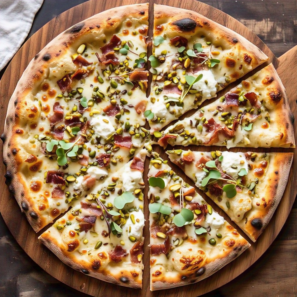 Microgreens Pizza with Ricotta, Bacon & Pistachios